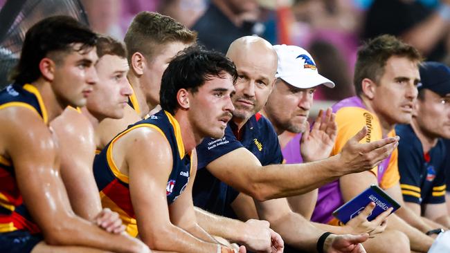 Crow coach Matthew Nicks came down to the bench to try and inspire his players in the second half. Picture: Dylan Burns/AFL Photos