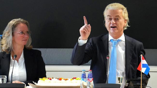 Geert Wilders delivers a speech after his party's victory in yesterday's general election. Picture: Getty Images.