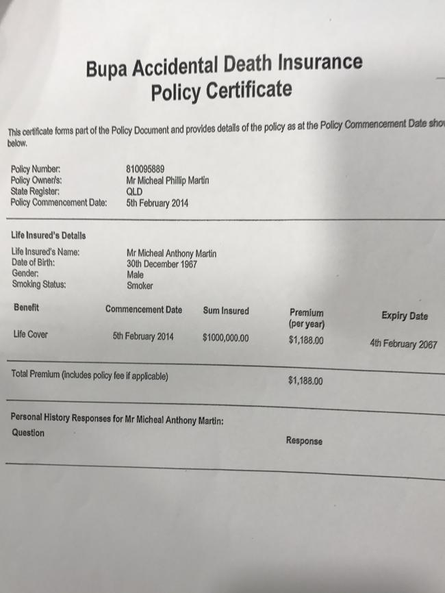 One of three life insurance policies Michael Martin Junior allegedly took out in the months before his father’s death.