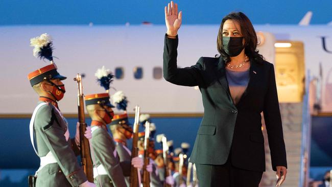 Kamala Harris waves upon arrival at the Aeropuerto Internacional La Aurora in Guatemala City in 2021. Picture: AFP.