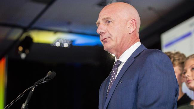 Premier Peter Gutwein gives his speech in the Tally room. Picture: NCA NewsWire / Richard Jupe