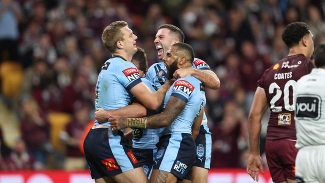 Tom Trbojevic scores for NSW in game 2 of the State of Origin Series at Suncorp Stadium. Picture: Peter Wallis