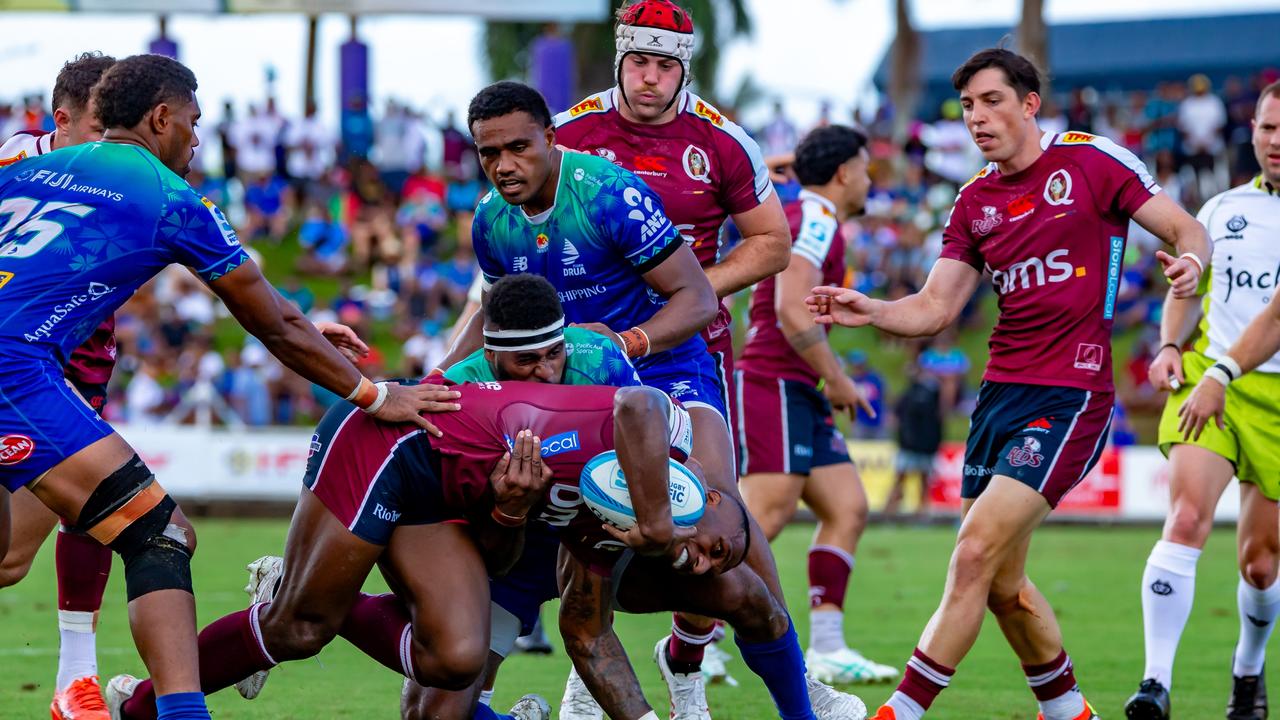Reds winger Suliasi Vunivalu is tackled during Queensland’s loss to Fijian Drua. Picture: Pita Simpson/Getty Images