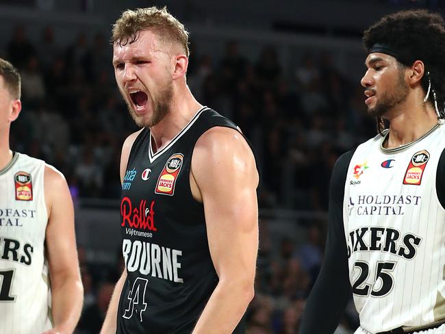 MELBOURNE, AUSTRALIA - APRIL 24: Jock Landale of United reacts during the round 15 NBL match between Melbourne United and the Adelaide 36ers at John Cain Arena, on April 24, 2021, in Melbourne, Australia. (Photo by Kelly Defina/Getty Images)