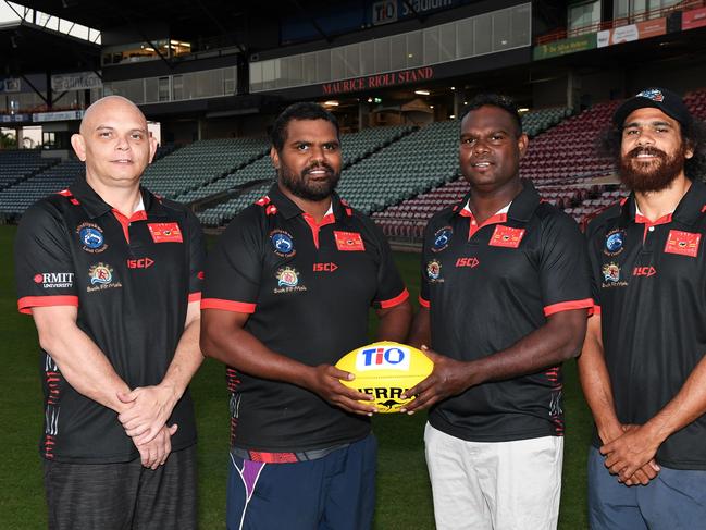 Tiwi Bombers senior coaches Jamie Scrymgour and Shane Tipuamantimirri, second and third from left, with assistants Brenton Toy, at left and Cyril 'Junior Boy' Rioli at right. Picture: Felicity Elliott/AFLNT Media