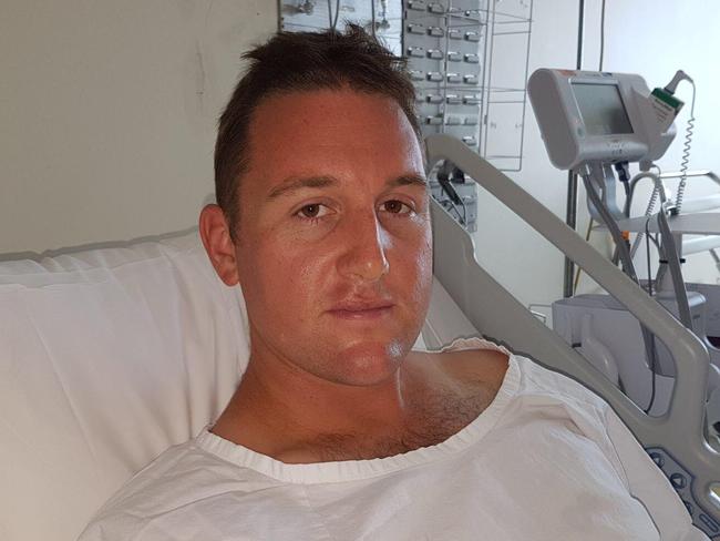 Constable Hayden Edwards, pictured at Royal Prince Alfred Hospital after being stabbed at Central station.