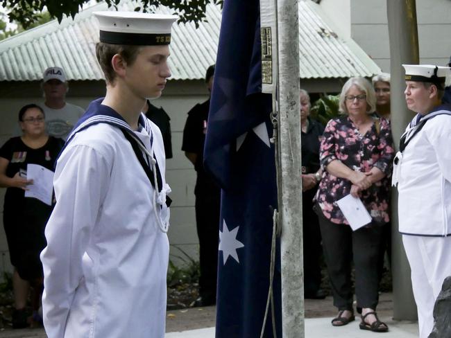 T.S Krait Hervey Bay navy cadet Taidgh O'Brien in a guard of honour at the River Heads Dawn Service on Anzac Day 2019.