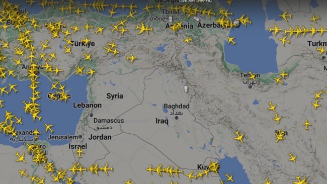 The airspace over the Middle East looking quite different on Sunday. Picture: FlightRadar24