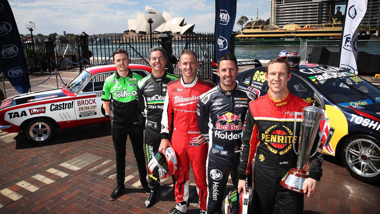 Supercars drivers — Mark Winterbottom, Craig Lowndes, Will Davison, Jamie Whincup and David Reynolds at the Fox Sports 4K Bathurst 1000 launch in Sydney. Picture: Phil Hillyard