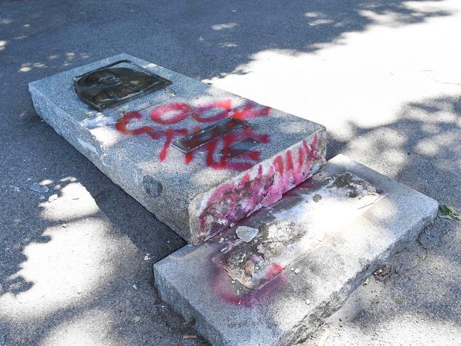 The Captain Cook monument at Edinburgh Gardens in Fitzroy North was vandalised on February 28. Picture: Josie Hayden