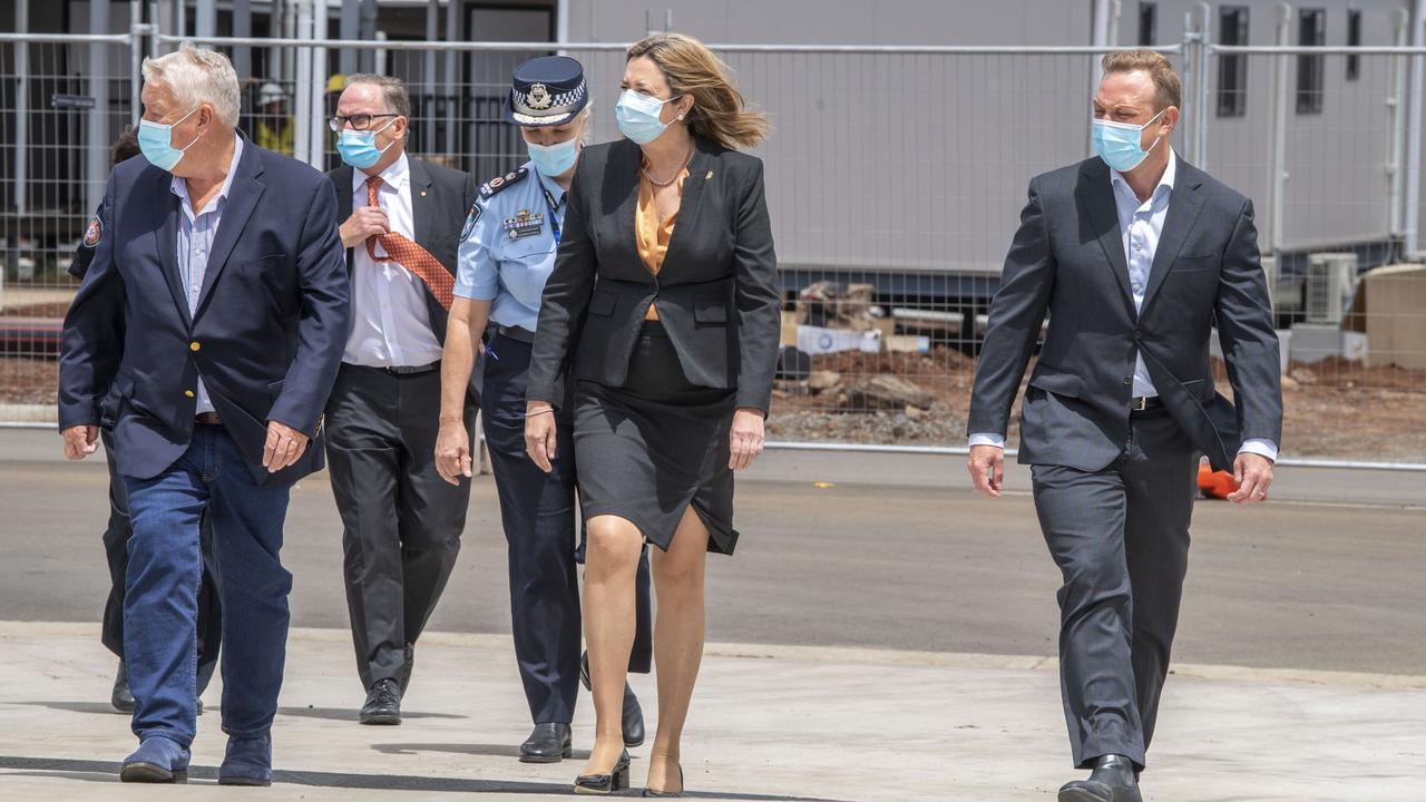 John Wagner with Premier Annastacia Palaszczuk and Deputy Premier Steven Miles at the Wellcamp quarantine hub. Picture: Nev Madsen.