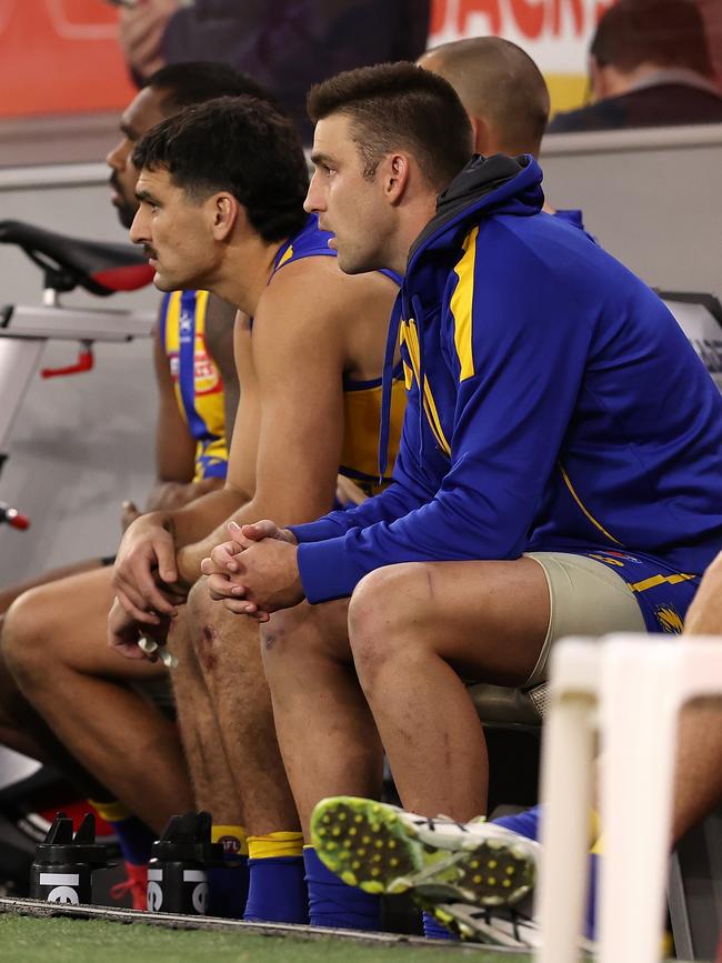 Eagle Elliot Yeo dons the tracksuit top after being subbed out against Essendon because of injury. Picture: Paul Kane/Getty Images