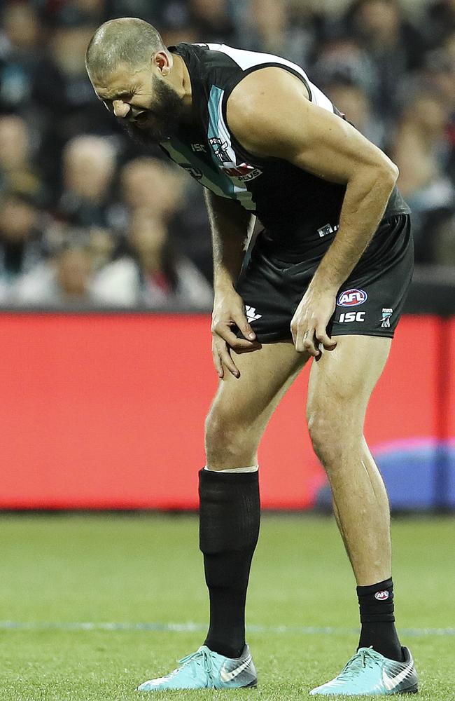 Port Adelaide’s Paddy Ryder reacts after missing a goal. Picture: Sarah Reed