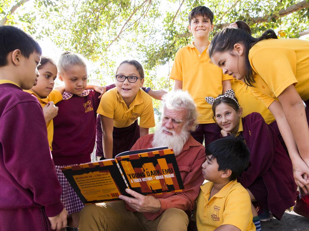 Australian Indigenous author Bruce Pascoe reads his book "Dark Emu" to Glebe Public School students. Picture: Dylan Robinson