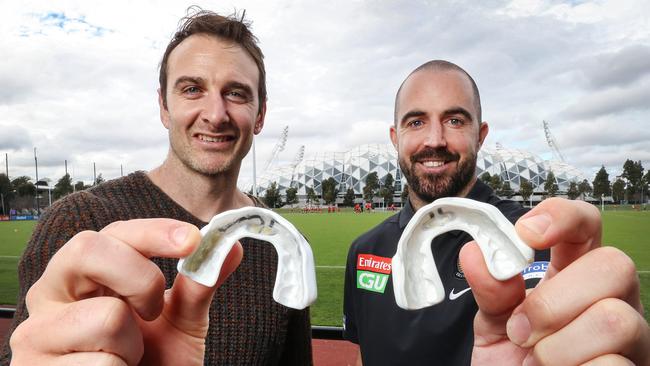 Jobe Watson and Steele Sidebottom are backing the new mouthguards. Picture: David Caird