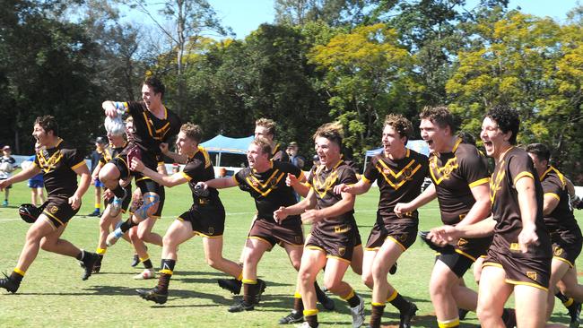 Victorious Padua players after the win against Marist College Ashgrove in AIC schoolboy rugby league. Saturday August 21, 2021. Picture, John Gass