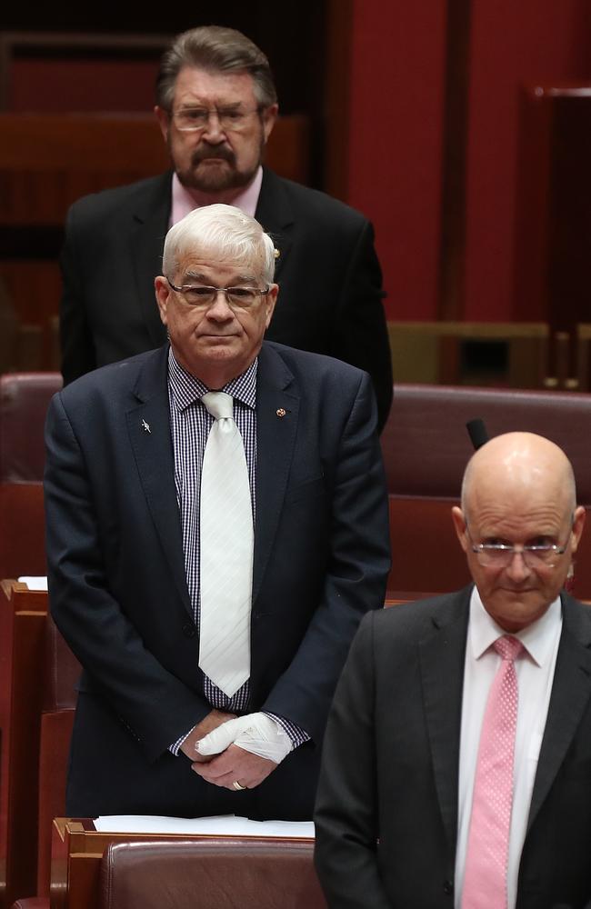 Senator Brian Burston nursing a bloodied hand following a fist fight with Pauline Hanson’s chief of staff James Ashby. Picture: Kym Smith