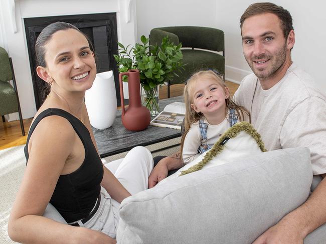 Kellie and Jeremy Finlayson with their daughter Sophia ,3 ,in their  Hendon home they are selling.Thursday,August,29,2024.Picture Mark Brake