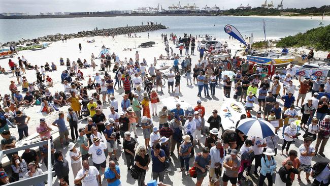 A huge crowd gathers on Yarra bay beach as Hundreds pack the inside of the Yarra bay Sailing club to protest against a proposed Cruise ship terminal in Yarra bay. Picture: John Appleyard