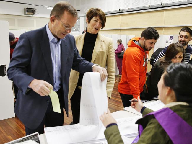 Tony Abbott and wife Margie vote at Forestville Public school on election day. Picture: Braden Fastier