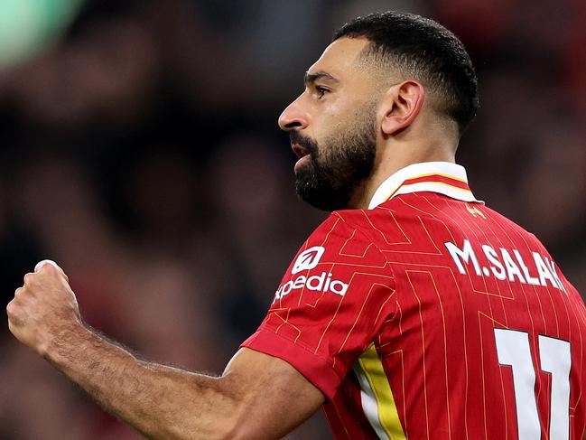 LIVERPOOL, ENGLAND - NOVEMBER 02: Mohamed Salah of Liverpool celebrates scoring his team's second goal during the Premier League match between Liverpool FC and Brighton & Hove Albion FC at Anfield on November 02, 2024 in Liverpool, England. (Photo by Jan Kruger/Getty Images)