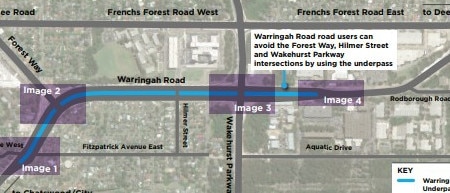 An overview of the Warringah Rd underpass at Frenchs Forest - to open in two stages on March 28. Picture: Transport for NSW