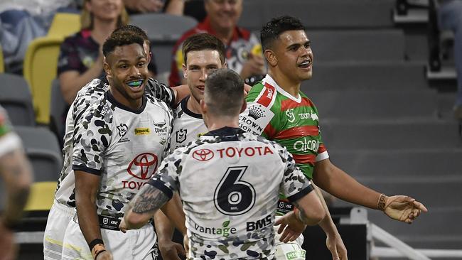 The Cowboys celebrate Hamiso Tabuai-Fidow’s try.