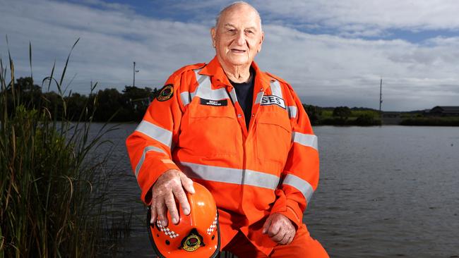 Bert Plenkovich OAM, 84, has been an SES volunteer helping out during floods since he was a teen. He is one of 10,000 being praised on annual SES volunteer celebration day. Picture: Jason O'Brien.