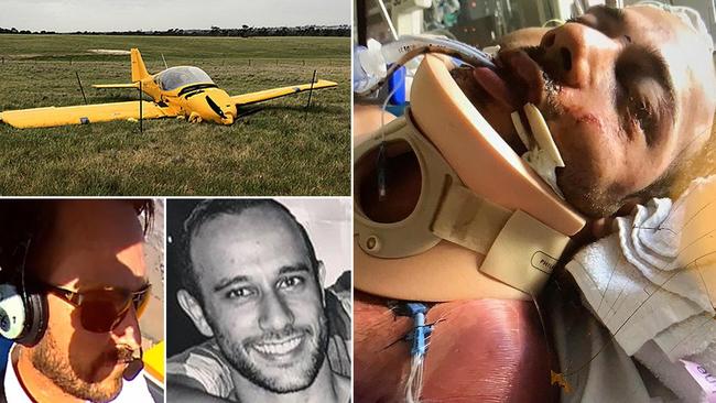 Tarek Mohamed (right, centre) has shared his details of his amazing recovery from the light plane crash,which left him and a fellow trainee pilot Michael Hawthorn (bottom left) seriously injured. Photo: Supplied