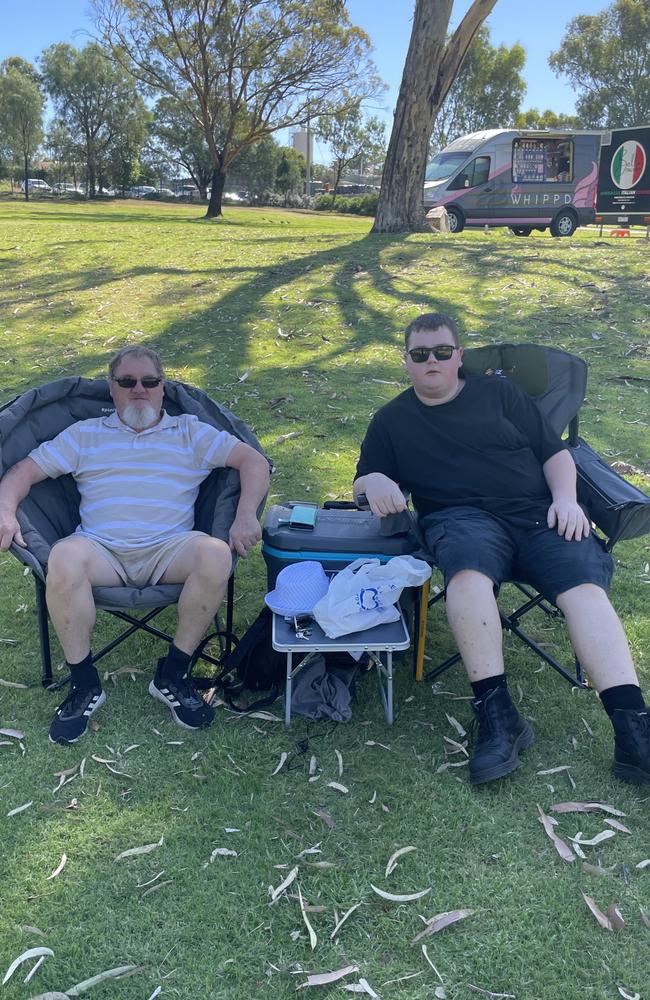 Dennis and Ben Wilkinson were amongst the first to claim a premium spot for Mildura’s New Year’s Eve celebrations at Nowingi Place. Picture: Stuart Kavanagh