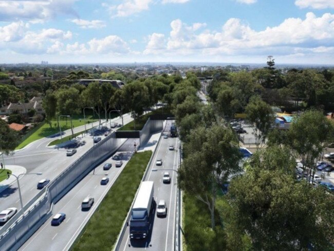 Artist’s impression of the eastern portal at the Parramatta Road interchange, looking west towards the western ventilation stack in the middle distance.