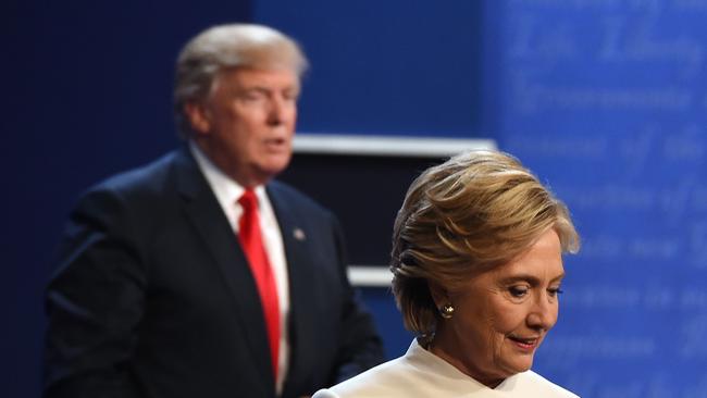 Donald Trump and Hillary Clinton after the final presidential debate in 2016. Picture: AFP