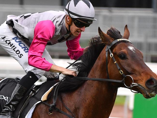 *RETRANSMISSION, CAPTION CORRECTION*  This correction amends images issued Saturday, October 5, 2019, with the slug line "RACING TURNBULL STAKES DAY" - Corrects name of horse in race 8 to Surprise Baby (NOT: Suprise Baby) - The revised caption should read - Jockey Jordan Childs rides Surprise Baby to victory in race 8, the Lexus Bart Cummings, during Turnbull Stakes Day at Flemington Racecourse in Melbourne, Saturday, October 5, 2019. (AAP Image/Vince Caligiuri) NO ARCHIVING, EDITORIAL USE ONLY