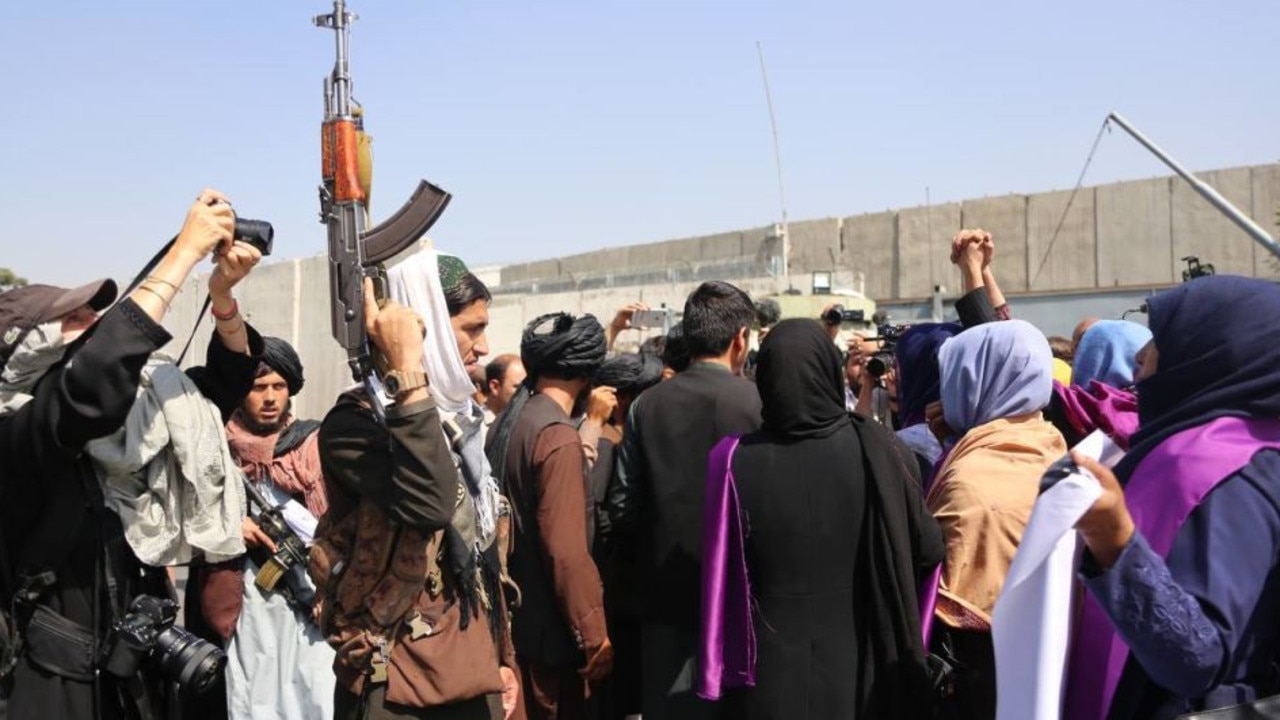 Taliban fighters were seen firing shots into the air to disperse protesters. Picture: Bilal Guler/Anadolu Agency via Getty Images