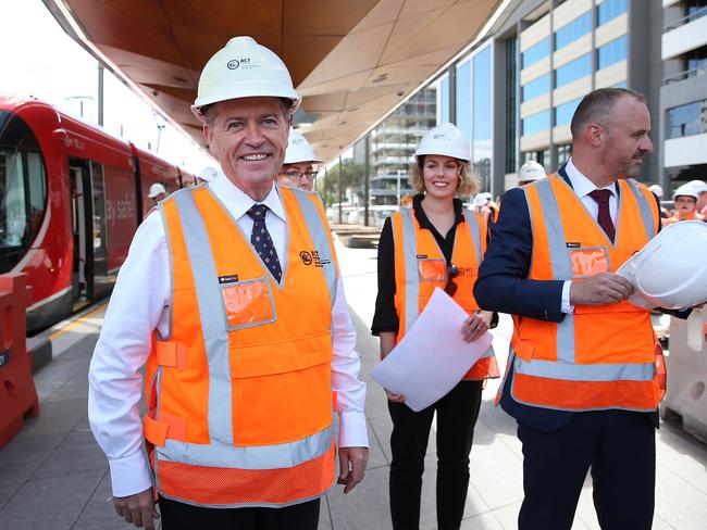 Opposition Leader Bill Shorten with ACT Chief Minister Andrew Barr and LaborÕs candidate for Canberra, Alicia Payne for an announcement about CanberraÕs Light Rail, in Canberra. Picture Kym Smith