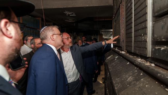 Anthony Albanese visits Adass Israel Synagogue in Ripponlea, which was destroyed after a firebombing last week. Picture: Instagram