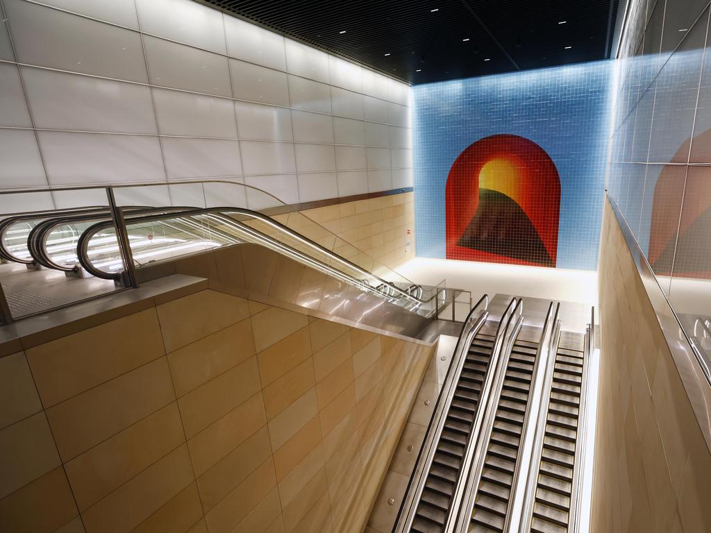 A tile art work at the entrance of the new Gadigal Metro Station. Picture: Richard Dobson