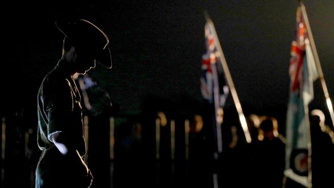 A member of the Blacktown 202 Army Cadet unit reflects during the Anzac Day dawn service at Pinegrove Memorial Park in Minchinbury. Picture: Angelo Velardo