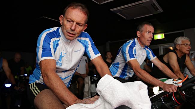 Tony Abbott doing a spin cycle class as a warm up to the annual Pollie Pedal Bike Ride. The ride’s route is determined many months in advance. (Pic: Adam Yip)