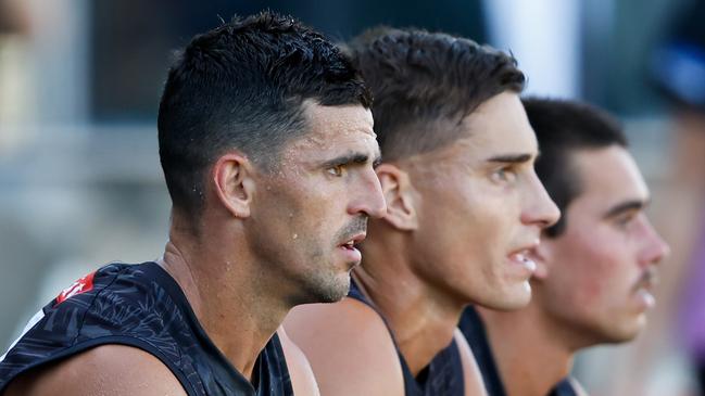 Collingwood star Scott Pendlebury will miss the Magpies’ final pre-season match against Richmond after picking up a minor knee injury at training on Sunday. Picture: Dylan Burns / Getty Images