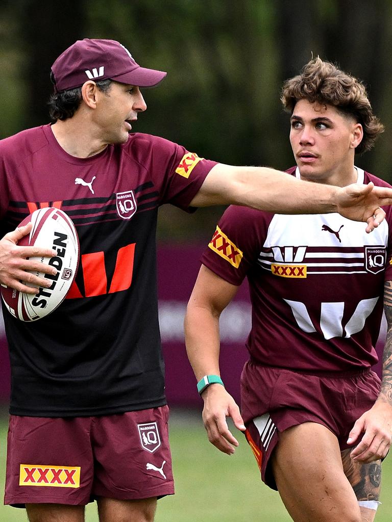 Walsh with Slater at Maroons training. Photo by Bradley Kanaris/Getty Images