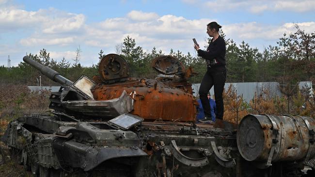 A destroyed Russian tank in Dmytrivka village, Kyiv region. Picture: Sergei Supinsky/AFP