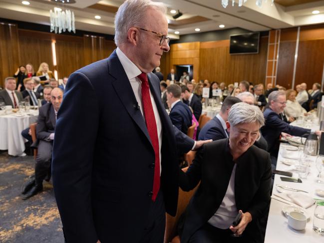 NCA 2025 FEDERAL ELECTION BUS. 30/04/2025 Australian Labor Prime Minister Anthony Albanese speaks at the Canberra Press Club in the last week of his election campaign. Pictured with Senator Penny Wong Picture: Jason Edwards / NewsWire