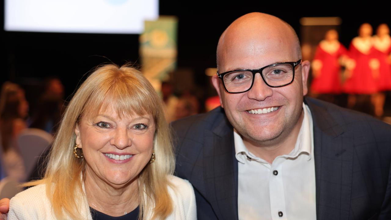 Donna Gates and Tim Baker at the 2023 Christmas Appeal - Gold Coast Leaders Business Breakfast at The Star Gold Coast. Picture, Portia Large.