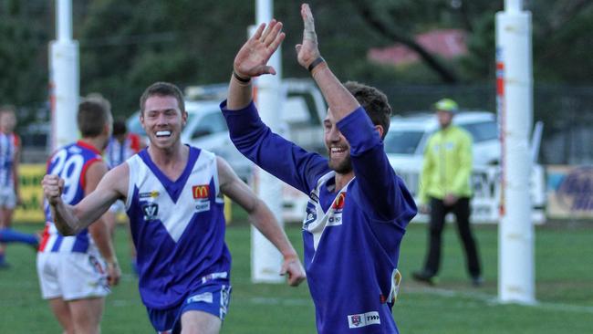 Alik Magin celebrates his match-winning goal for Sunbury in 2018. Picture: Aaron Cook