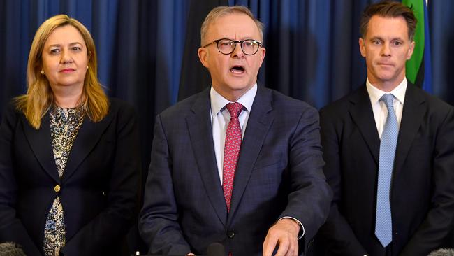 Queensland Premier Annastacia Palaszczuk, Prime Minister Anthony Albanese and NSW Premier Chris Minns after National Cabinet. Picture: NCA NewsWire / John Gass