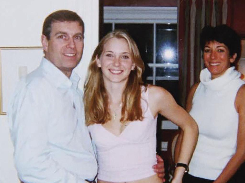 Prince Andrew with Virginia Roberts Giuffre and Ghislaine Maxwell. Picture: AFP/United States District Court for the Southern District of New York