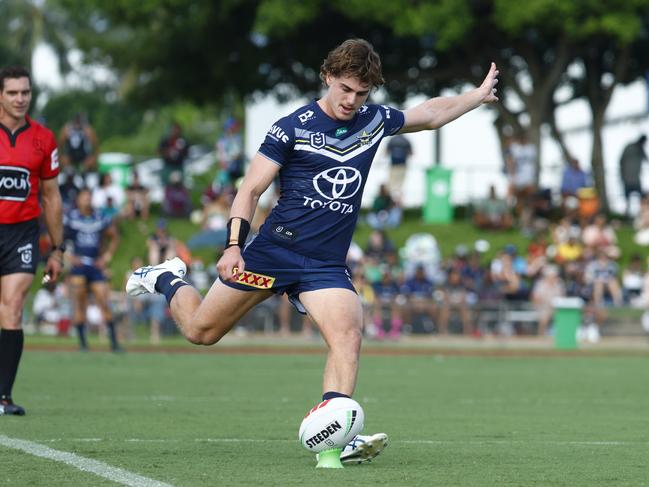 Cowboys' Tom Duffy kicks a conversion in the NRL pre season match between the North Queensland Cowboys and the Redcliffe Dolphins in 2023. Picture: Brendan Radke