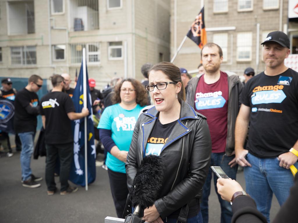 Jessica Munday, Secretary of Unions Tasmania speaks to the press before the annual May Day march in Hobart. Picture: RICHARD JUPE