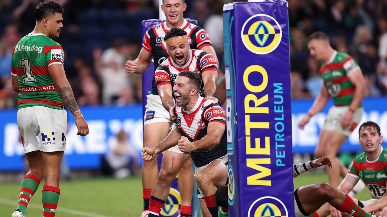 SYDNEY, AUSTRALIA - MARCH 22: James Tedesco of the Roosters celebrates scoring a try during the round three NRL match between Sydney Roosters and South Sydney Rabbitohs at Allianz Stadium, on March 22, 2024, in Sydney, Australia. (Photo by Cameron Spencer/Getty Images)